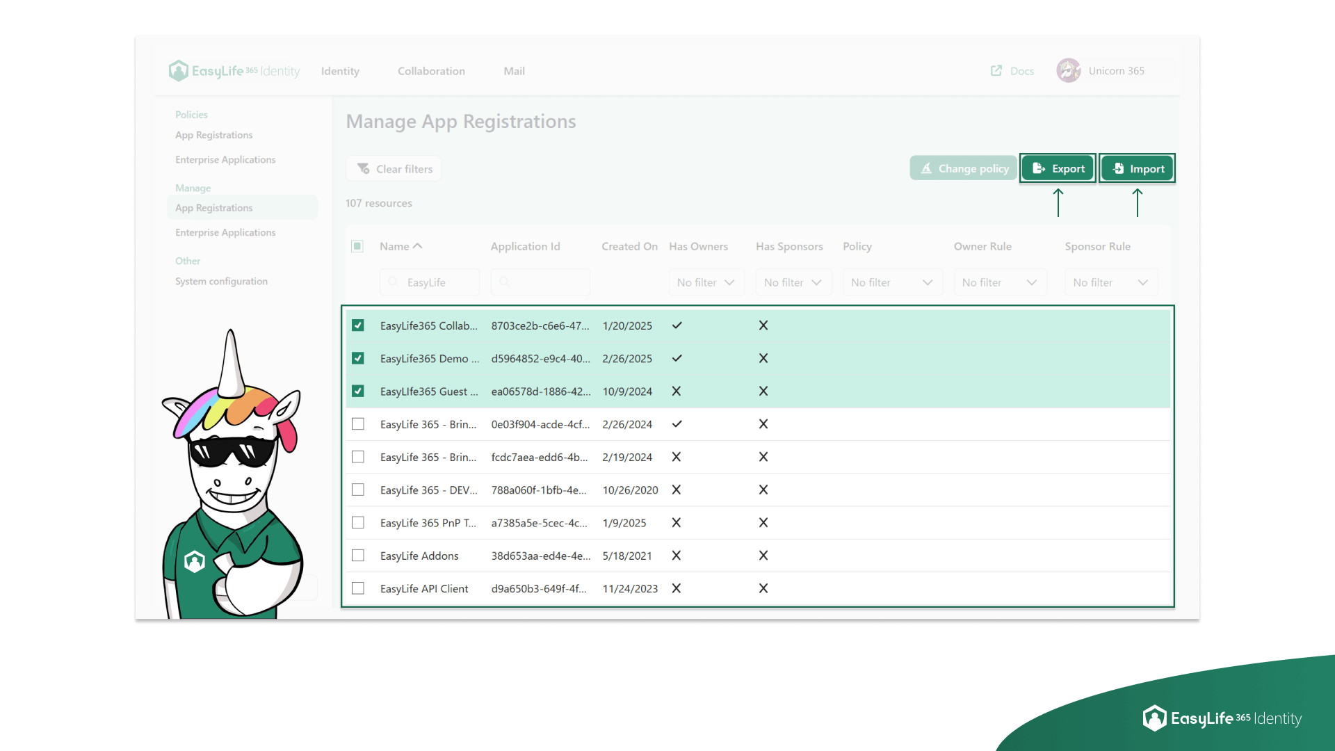 EasyLife 365 Identity - Export button in the Manage Section