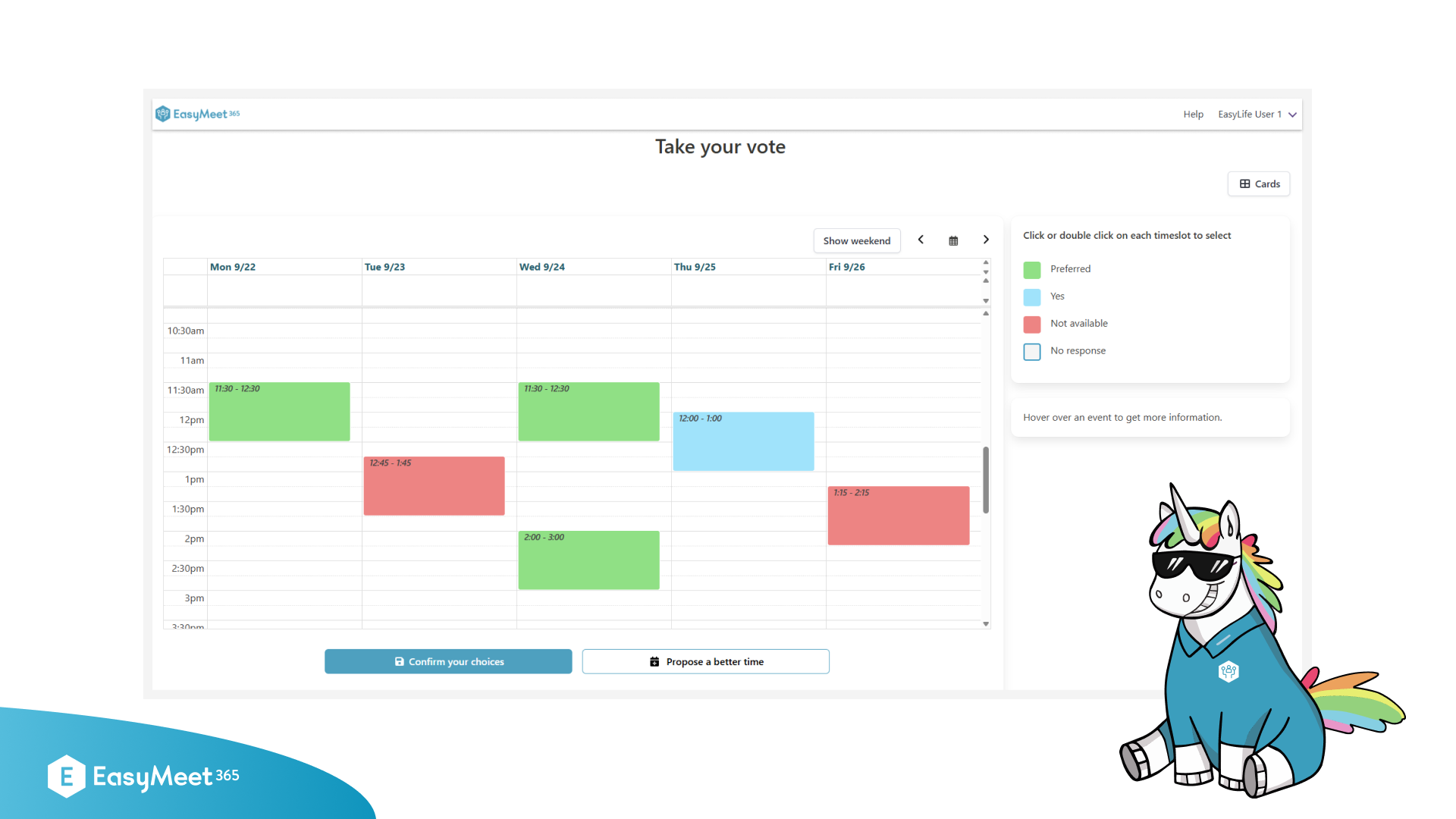 EasyMeet 365 – Calendar view with color-coded voting slots in EasyMeet 365