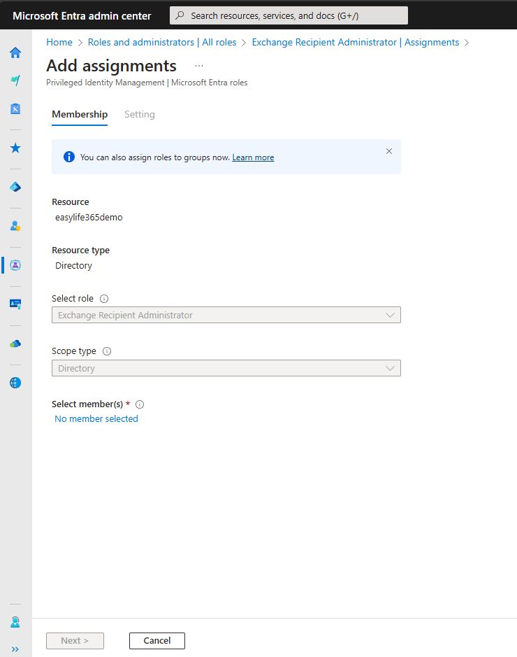 Assignments for the Exchange Recipient Administrator role - Add assignment