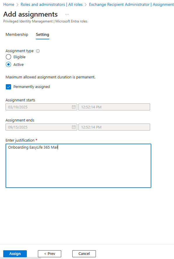 Assignments for the Exchange Recipient Administrator role - Settings