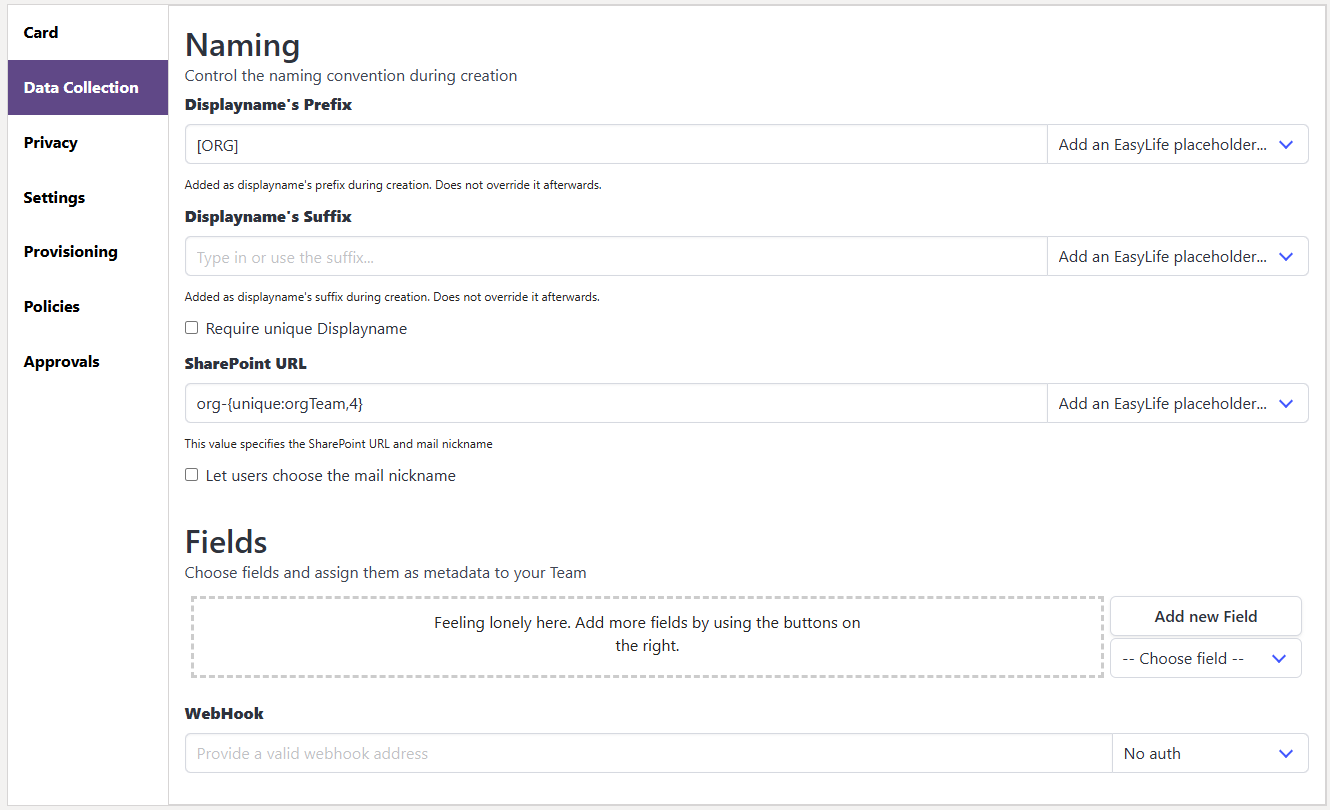org teams template data collection