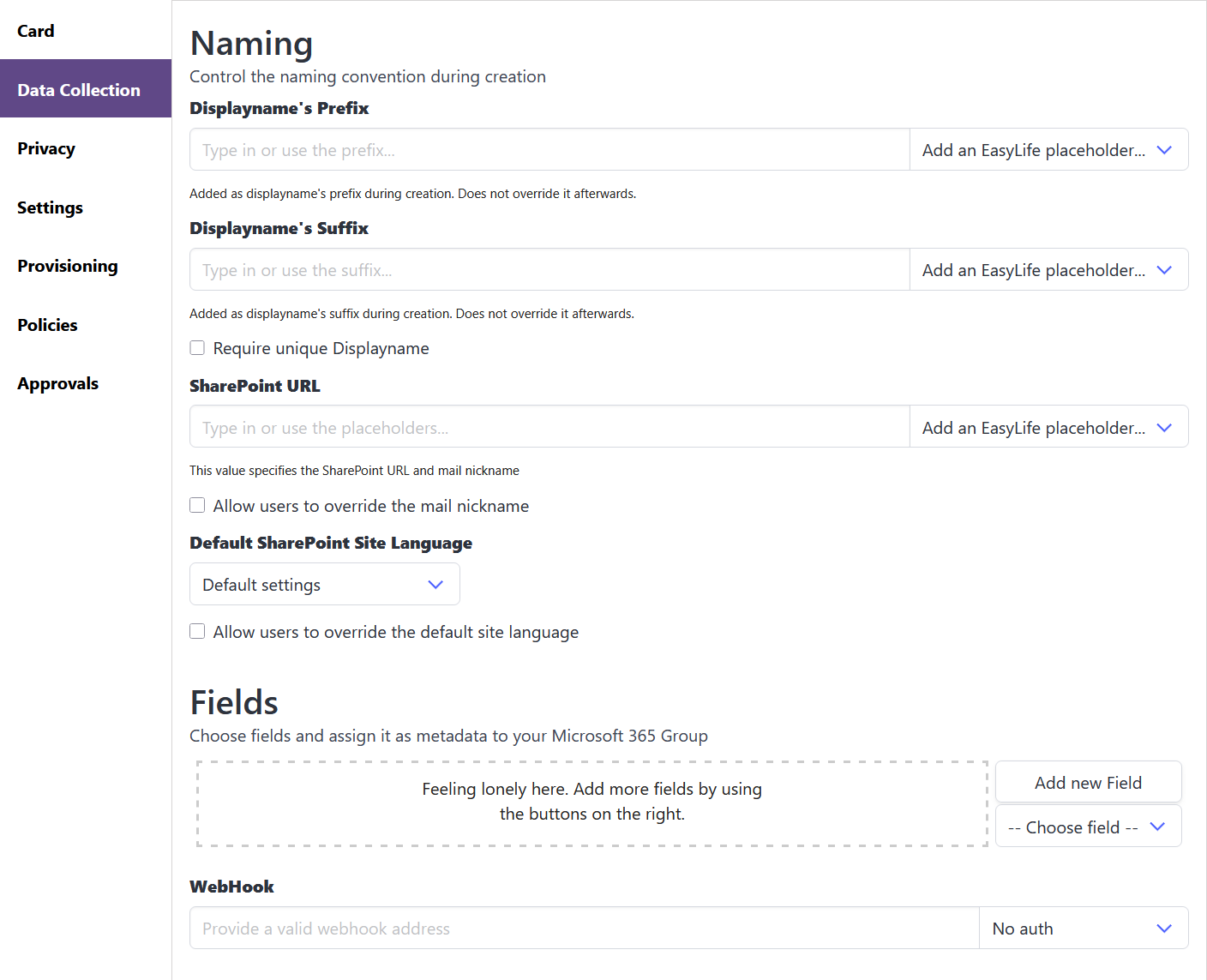 EasyLife 365 template data collection